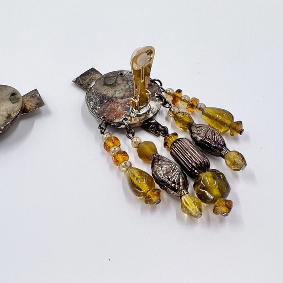 NWOT - Large Yellow Beaded Antiqued Gold Statement Chandelier Clip Earrings - Picture 5 of 8